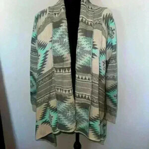 Dreamers Shawl Collar Aztec Trible Print Long Sleeve Open Cardigan